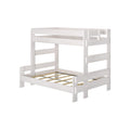 White wooden loft bed frame with guardrails, ladder and slatted mattress support, modern twin bunk bed for kids