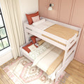 Boho kids room with white wooden bunk bed, blush pink accent wall, jute mattress and decorative pillows by beige curtains