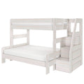 White wooden loft bunk bed with built-in storage stairs and guardrails, space-saving kids' bedroom furniture