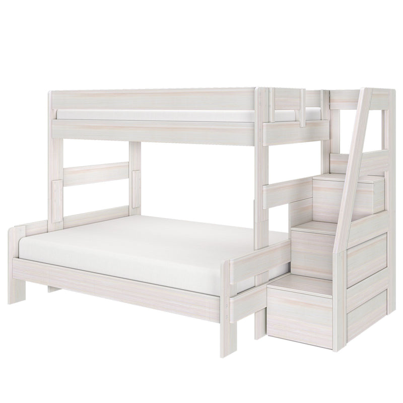 White wooden loft bunk bed with built-in storage stairs and guardrails, space-saving kids' bedroom furniture