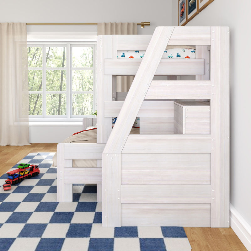 White wooden kids' bunk bed in bright bedroom with blue checkered rug, toy car transporter, car-print bedding and large window