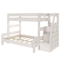 Whitewashed wooden loft bed with built-in staircase storage and slatted mattress support, modern kids bunk bed frame