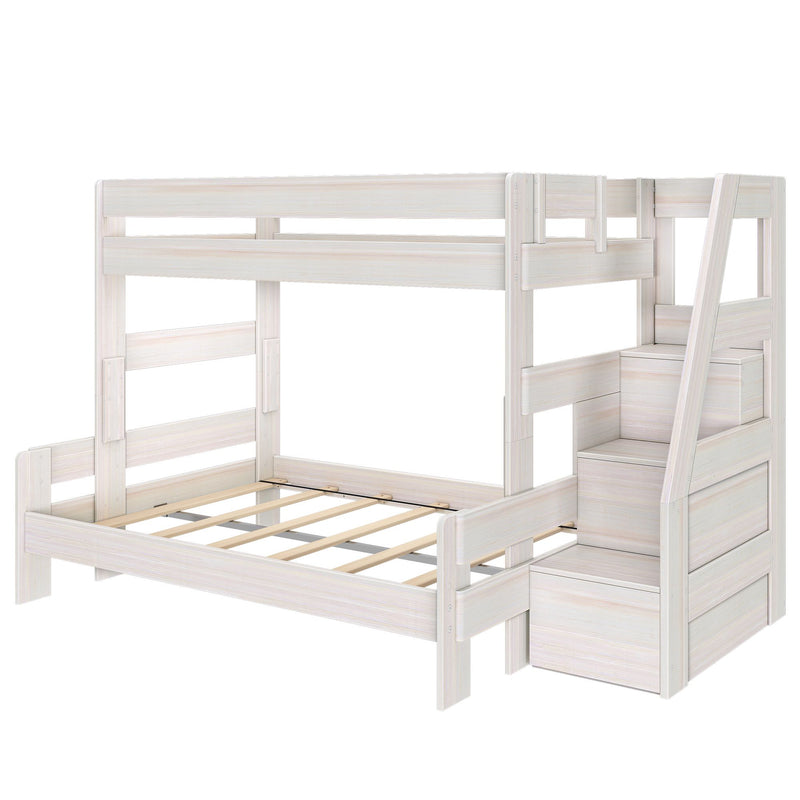 Whitewashed wooden loft bed with built-in staircase storage and slatted mattress support, modern kids bunk bed frame