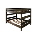 Dark rustic wooden bunk bed frame with slatted mattress supports, twin-over-full loft design and safety rails
