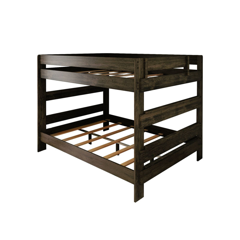 Dark rustic wooden bunk bed frame with slatted mattress supports, twin-over-full loft design and safety rails