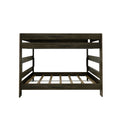 Dark brown wooden loft bed frame with slatted platform and open side rails, rustic finish, modern farmhouse bunk bed for small bedrooms