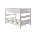 Whitewashed wooden loft bunk bed frame with safety guardrails and slatted mattress supports, modern space-saving kids' bedroom furniture