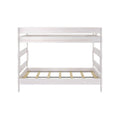 Whitewashed wooden twin loft bed frame with slatted mattress platform and integrated side ladder — space-saving kids' bedroom bunk bed