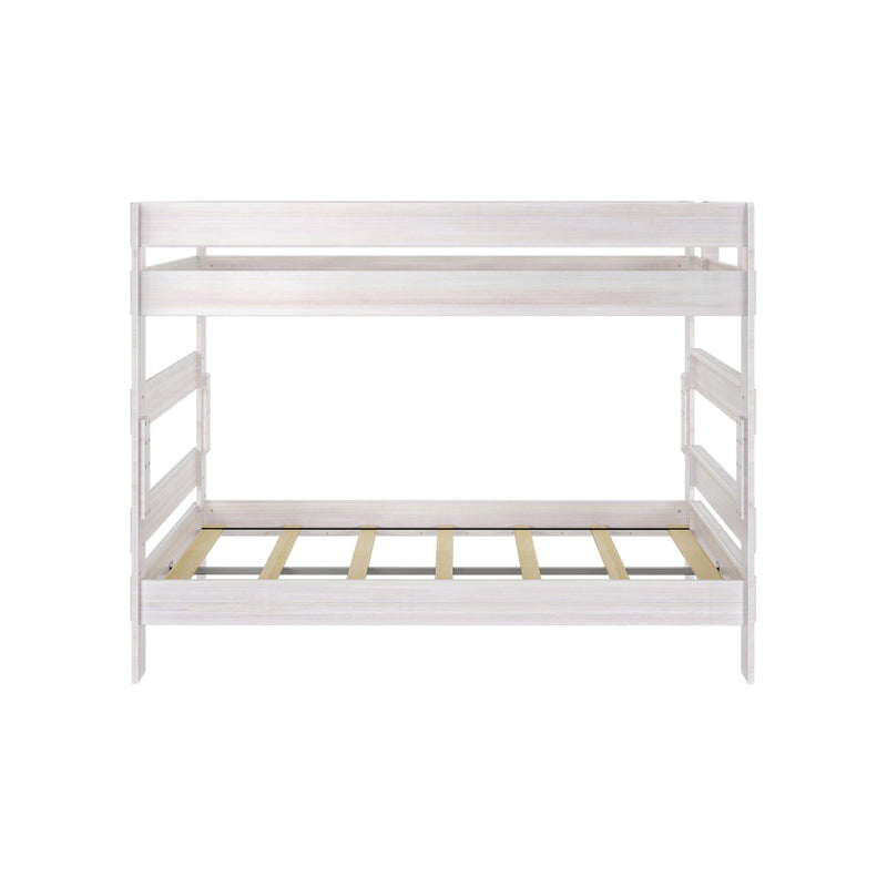 Whitewashed wooden twin loft bed frame with slatted mattress platform and integrated side ladder — space-saving kids' bedroom bunk bed