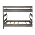 Gray wooden twin-over-twin bunk bed frame with slatted mattress supports, safety rails and rustic farmhouse finish
