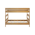 Natural oak twin-over-twin bunk bed frame with safety rails and wooden slatted platform