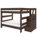 Dark walnut solid wood twin-over-full bunk bed with staircase storage, white mattresses and space-saving loft design for kids' bedrooms