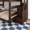 Dark walnut-finish wooden bunk bed with built-in staircase storage, beige bedding and car-patterned pillow in a children's bedroom on a blue checkered rug