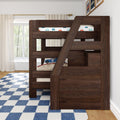 Dark wood kids loft bunk bed with angled ladder, car-print bedding, blue checkered rug and window with sheer curtains in a modern children's bedroom