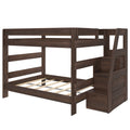 Dark walnut wooden twin-over-full bunk bed frame with built-in staircase, under-bed slats and storage drawers, modern farmhouse kids loft bed