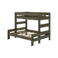 Twin-over-full wooden bunk bed frame in weathered gray finish with slatted mattress platforms and safety guardrails