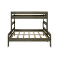 Gray wood bunk bed frame with slatted mattress support and safety guardrail, modern children's loft-style