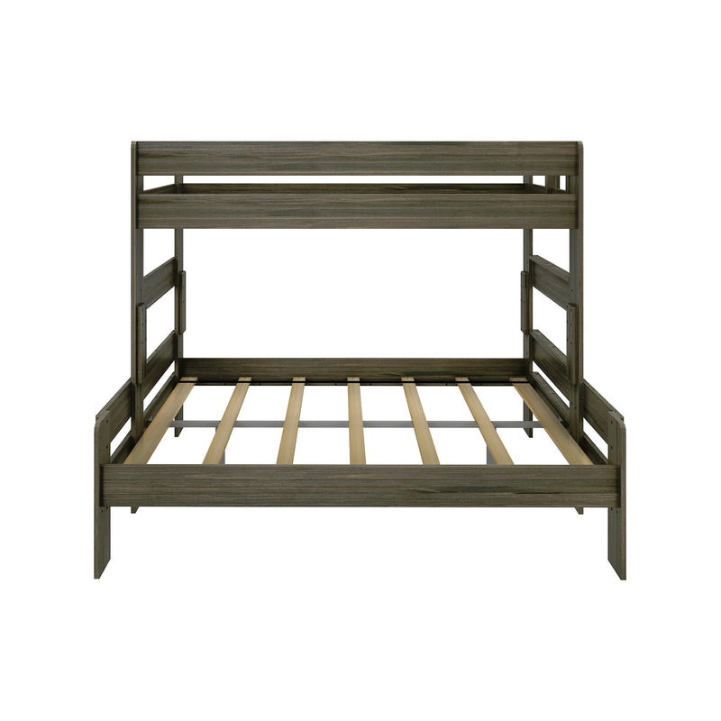 Gray wood bunk bed frame with slatted mattress support and safety guardrail, modern children's loft-style