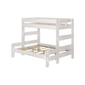 Whitewashed wooden loft bed frame with upper guardrails and slatted mattress support, space‑saving twin‑over‑full bunk design for children's bedroom