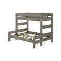 Gray wooden twin-over-full bunk bed frame with guardrails and slatted mattress support, space-saving kids loft bed
