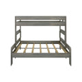 Gray wooden bunk bed frame with slatted mattress supports, top guardrail and ladder-style sides, modern farmhouse space-saving design