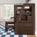 Dark walnut wooden bunk bed with diagonal ladder in a children's bedroom, car-print bedding, blue checkered rug, and sunlit window with sheer curtains