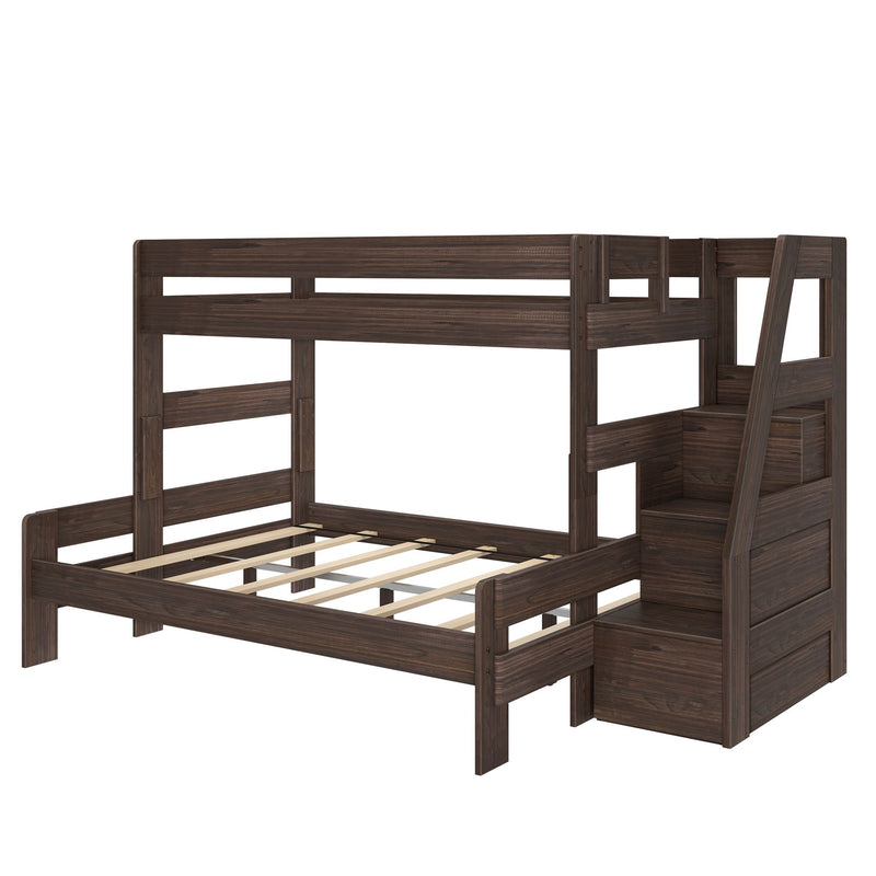 Dark brown wooden twin-over-full bunk bed with built-in stairs and under-stair storage drawers, slatted mattress supports and rustic wood finish — space-saving kids bedroom loft bed frame