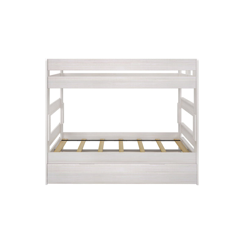 White wooden loft bed frame with slatted platform, safety rails and under-bed storage drawer — modern twin loft bed for kids