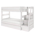 Whitewashed wooden bunk bed with built-in storage stairs, drawers and ladder — modern loft-style kids' bed in white wood