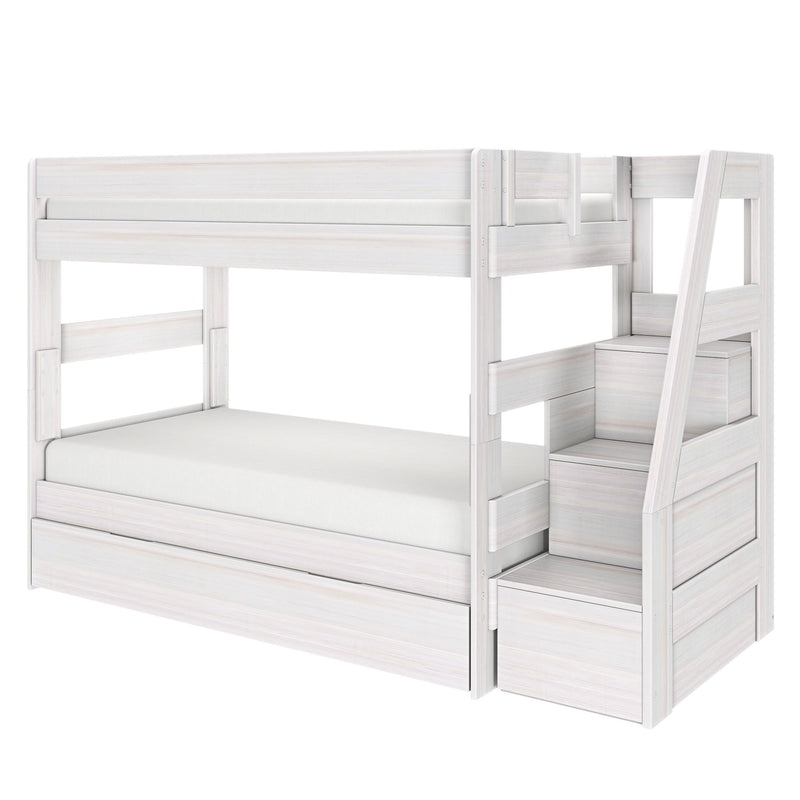 Whitewashed wooden bunk bed with built-in storage stairs, drawers and ladder — modern loft-style kids' bed in white wood