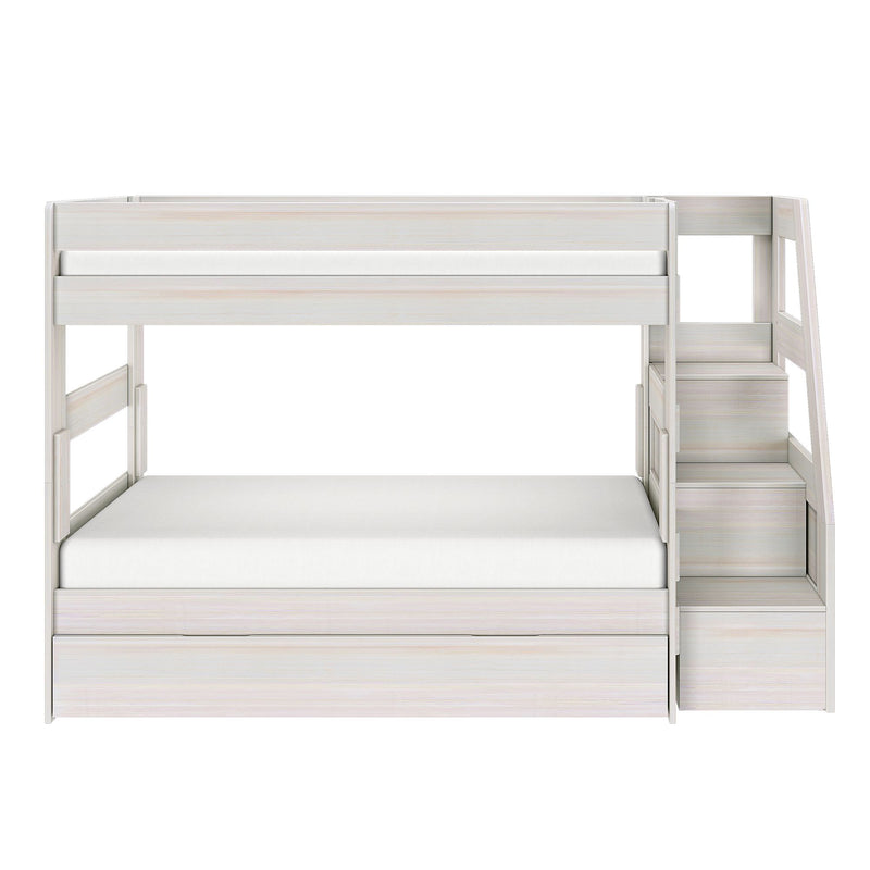 Whitewashed wooden bunk bed with full-size lower bed, top guardrail, built-in staircase with storage drawers and pull-out drawer under bed