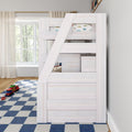 Kids' whitewashed wooden loft bunk bed in modern children's bedroom with blue checkered rug, toy cars, and window with sheer curtains