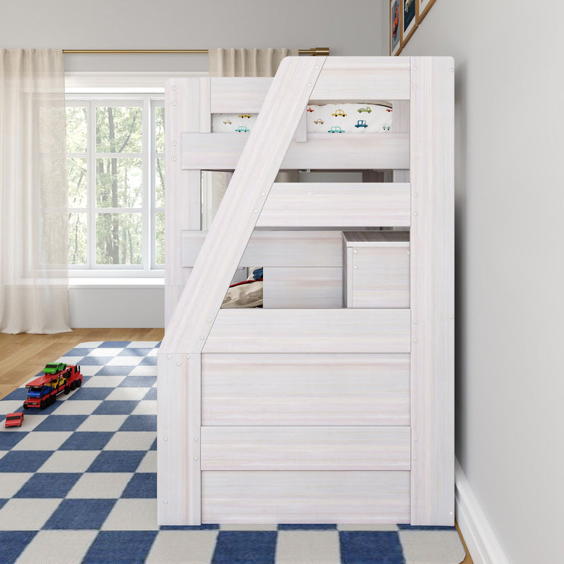 Kids' whitewashed wooden loft bunk bed in modern children's bedroom with blue checkered rug, toy cars, and window with sheer curtains