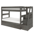 Gray wooden bunk bed with staircase and built-in storage drawers, modern rustic kids loft bed