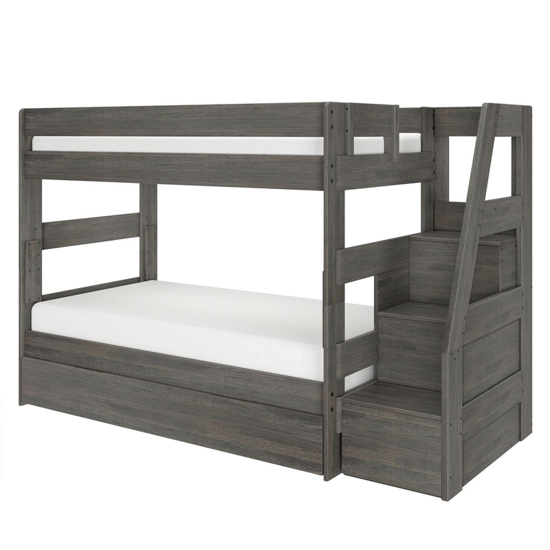 Gray wooden bunk bed with staircase and built-in storage drawers, modern rustic kids loft bed