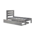 Gray rustic twin platform bed frame with slatted headboard, metal support slats and built-in under-bed storage drawer on white background