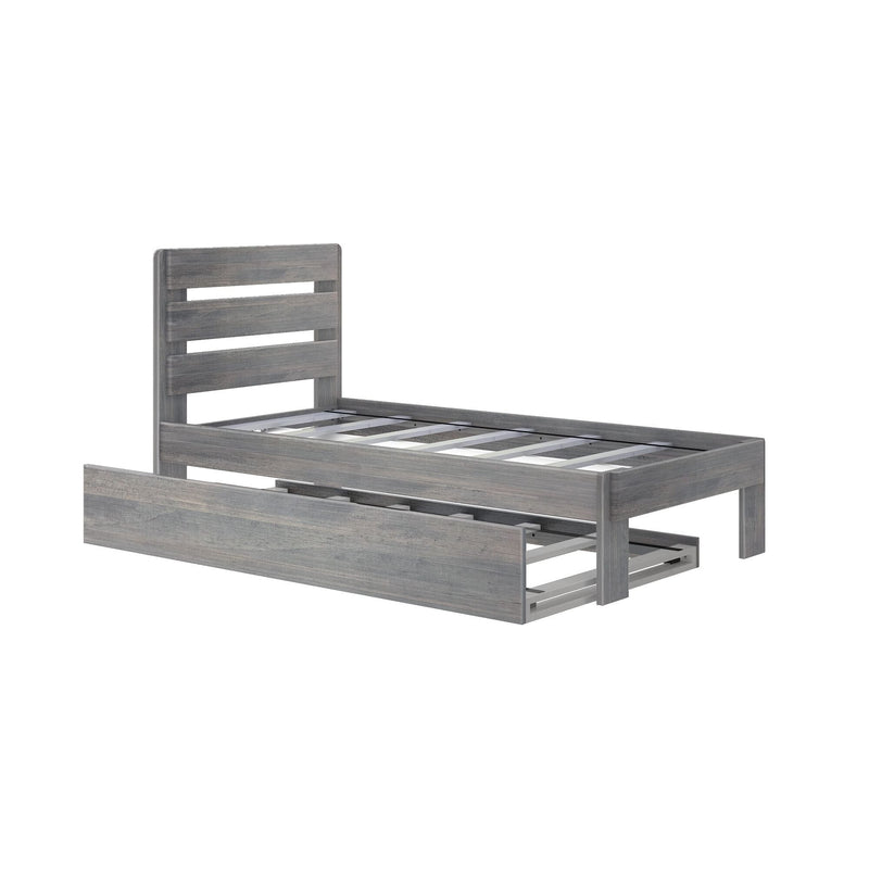 Gray rustic twin platform bed frame with slatted headboard, metal support slats and built-in under-bed storage drawer on white background
