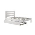 White wooden platform bed frame with slatted headboard and pull-out underbed storage drawer, modern minimalist bedroom furniture