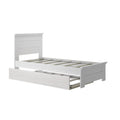 Modern white wooden twin bed frame with slatted platform base and large pull-out under-bed storage drawer, minimalist bedroom furniture
