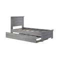 Gray wooden twin platform bed frame with headboard and under-bed storage drawer