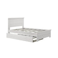 White wooden platform bed frame with panel headboard, slatted mattress support and built-in under-bed storage drawer, modern farmhouse bedroom furniture