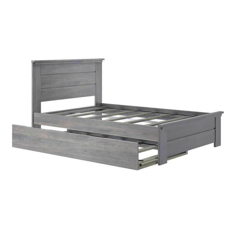 Modern gray wooden platform bed frame with slatted mattress support and built-in under-bed storage drawer, weathered finish