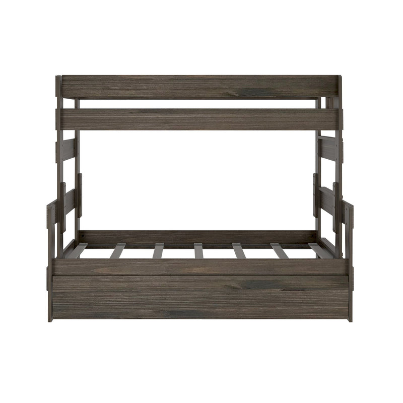 Weathered gray wooden twin-over-full bunk bed frame with slatted mattress supports, integrated ladder and safety rails, front view