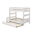 White wooden twin bunk bed with guardrails, integrated ladder and pull-out trundle with slatted mattress supports for kids' bedroom