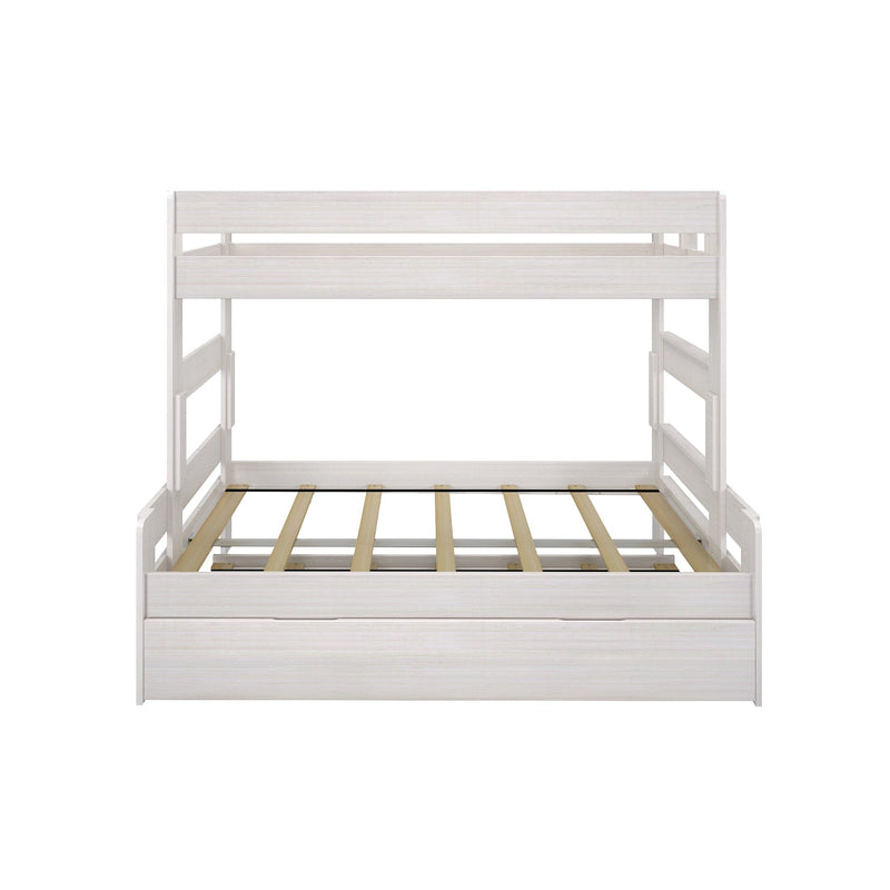 Whitewashed wooden loft bed frame with slatted platform, safety guard rails and built-in under-bed storage drawer — modern bunk-style loft bed for kids' bedroom
