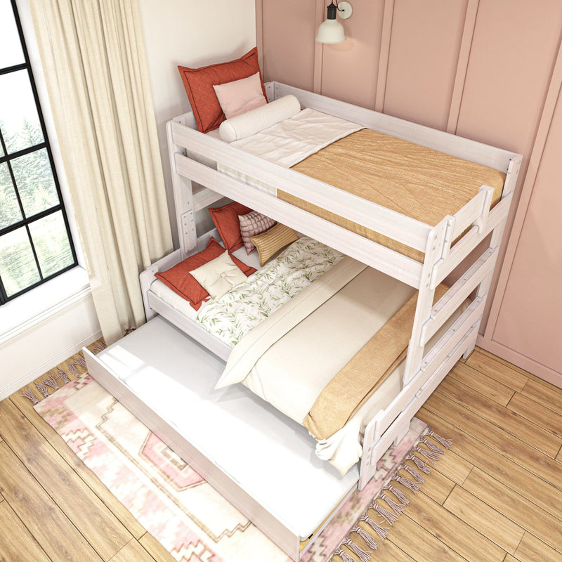 White wooden bunk bed with trundle in stylish children's room, beige linen and mustard throw, coral and blush pillows, pink paneled wall, large grid window and boho rug