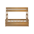 Natural oak solid wood bunk bed frame with slatted mattress supports and upper safety rails, modern minimalist bedroom furniture