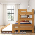 Natural wood bunk bed with pull-out trundle, navy and coral bedding, patterned rug, white curtains and black-framed window in a bright kids' bedroom