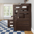 Dark walnut bunk bed with angled ladder and built-in storage in children's bedroom, blue checkered rug, window with sheer curtains and car-print bedding
