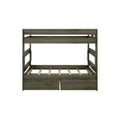Gray wood bunk bed frame with slatted mattress support and built-in storage drawers